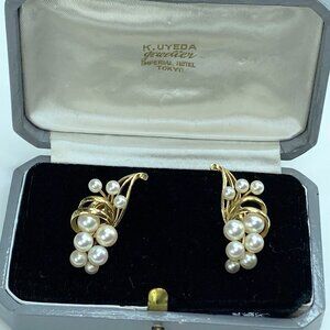 Mikimoto 14K yellow gold Akoya cultured Pearls foliate earrings w/box 8.1g JR006